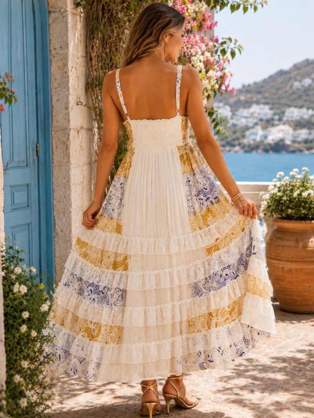 Boho Maxi Dress | Blue Gold Coastal Tiered Summer Resort Wear - Picture 2 of 3